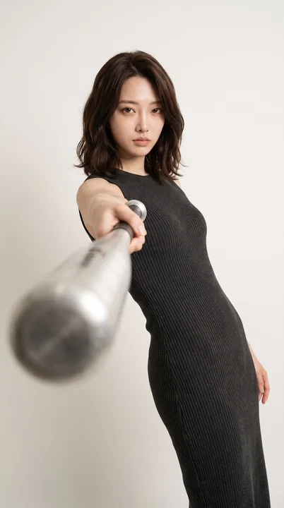 极简工作室女性手持金属球棒写实肖像