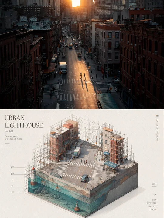 极简微缩建筑景观脚手架艺术海报