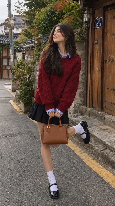韩国街头深红色麻花毛衣时尚穿搭女