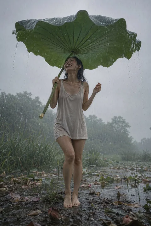湿地雨中手持巨型荷叶的日本女性