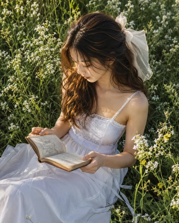 花丛中阅读的优雅女性写真