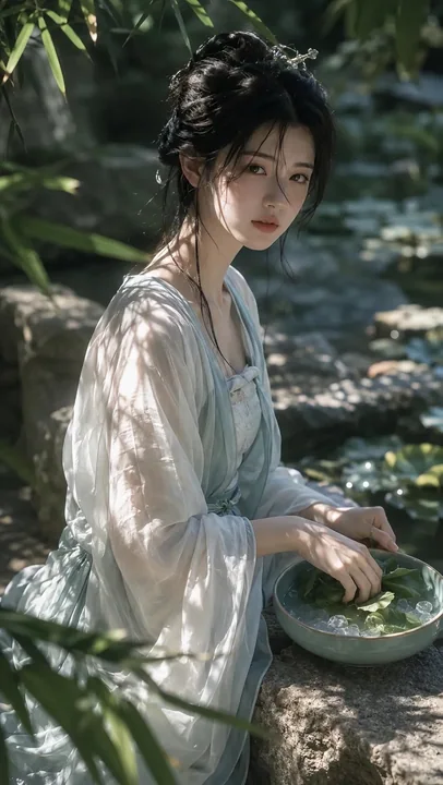 盛夏竹林溪谷清冷宋制汉服少女