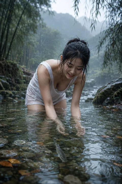 溪流中抓鱼的日本少女电影感肖像