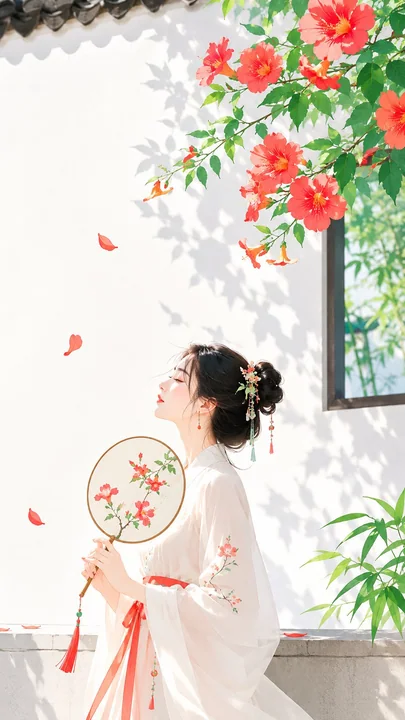 东方禅意极简高饱和夏日团扇女子插画