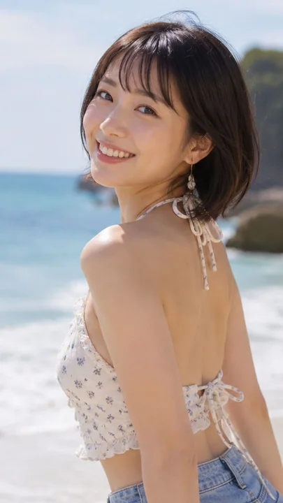 蔚蓝海边回头微笑的日系女性夏日写真