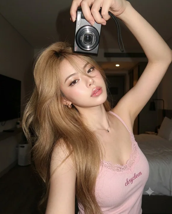 俯拍闪光灯质感美妆自拍人像