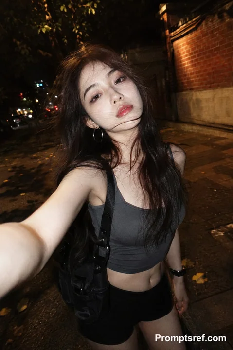 抖音辣妹风夜色街头闪光灯自拍