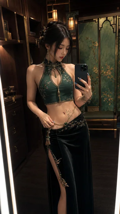 璃月风华:墨绿刺绣与翡翠之镜