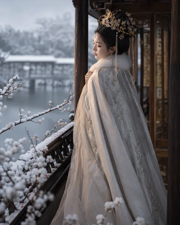 雪落亭台:冬日东方韵味女子侧影