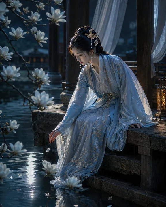 寒江月影:临水木亭下的冰蓝汉服孤影