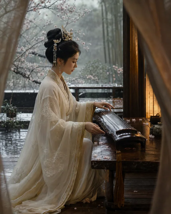 烟雨古亭抚琴图：清雅东方女子侧颜