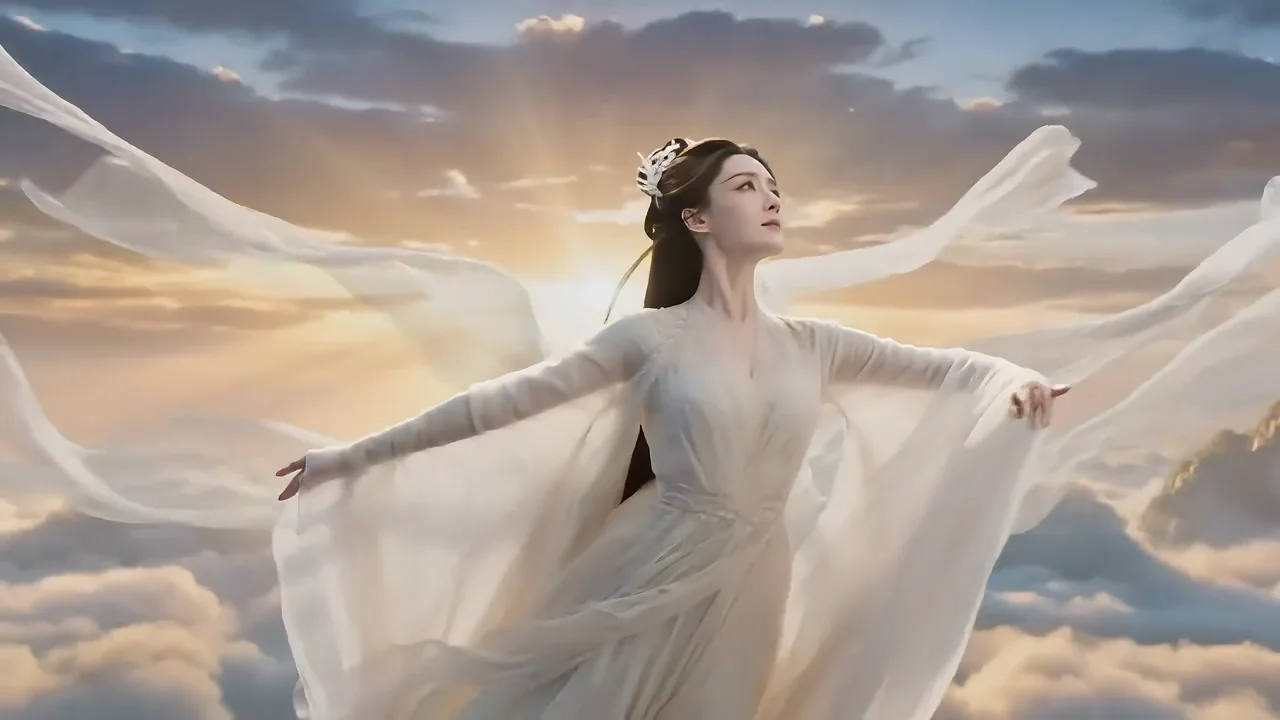 Exquise fée dansant sur la mer de nuages avec une danse éblouissante