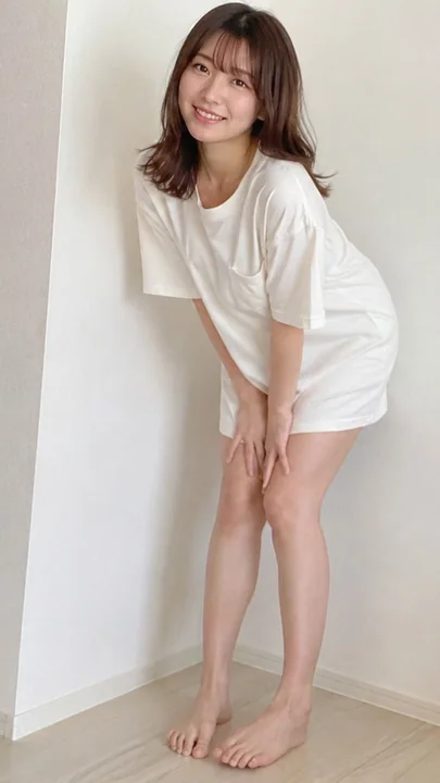 穿白色大码T恤在明亮室内前倾的日本女性