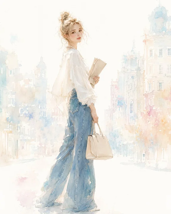 优雅象牙白衬衫阔腿裤女性水彩时尚插画