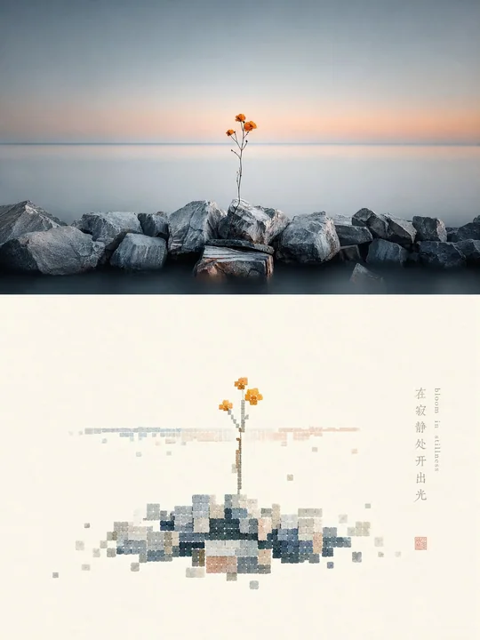 贝壳质感像素与极简留白海报设计