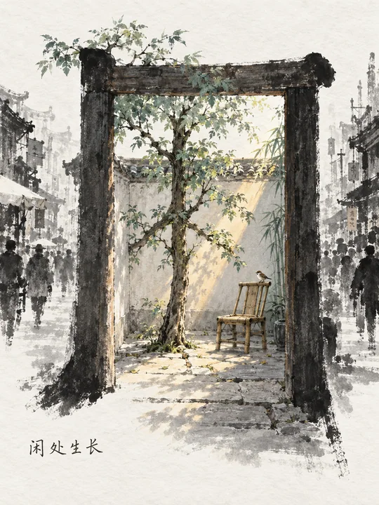 水墨留白构图:门中之树化为闲字