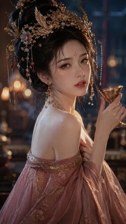 盛唐风华：微醺红颜金盏夜宴图
