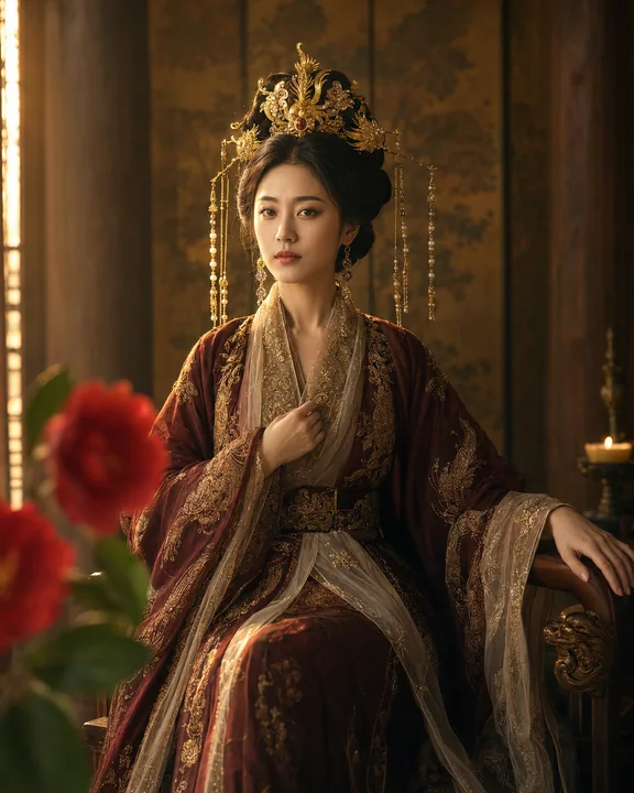 绛红暗金交织的宫廷端庄女子肖像