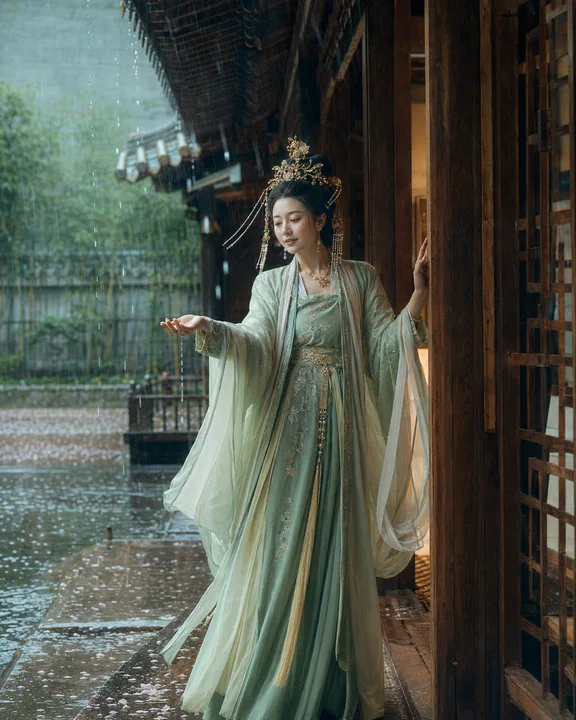 雨后木亭下接雨水的淡绿汉服女子