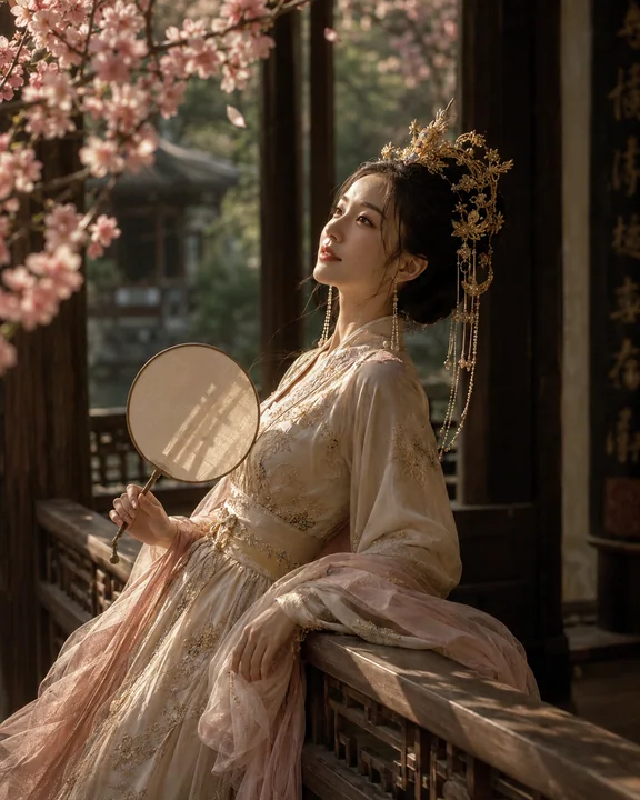 亭间金辉：古风女子的樱花诗意瞬间