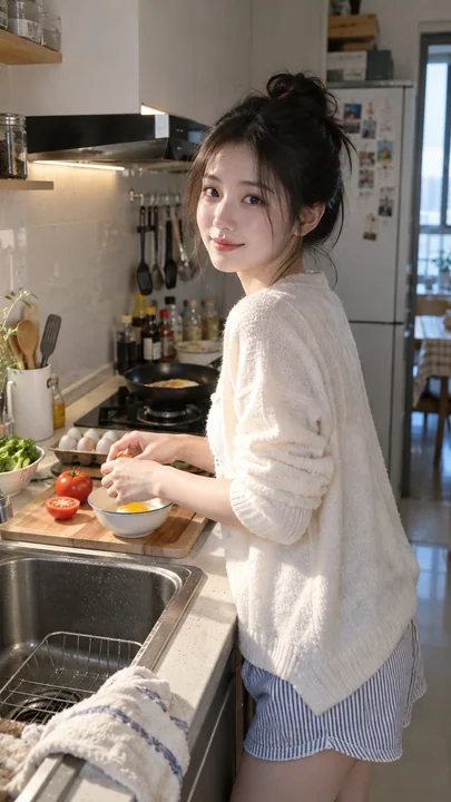 现代厨房台面做早餐的亚裔年轻女性