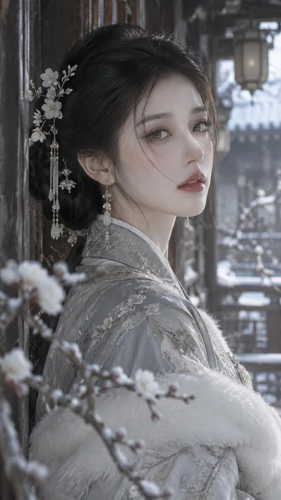 古风冬日旧庭东方清冷美妆人像