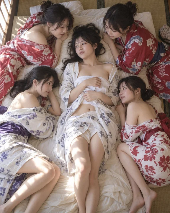 榻榻米上的午后:五位浴衣少女的慵懒时光