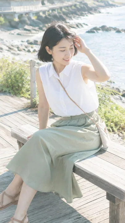 海边木质长椅上的夏日和风女性