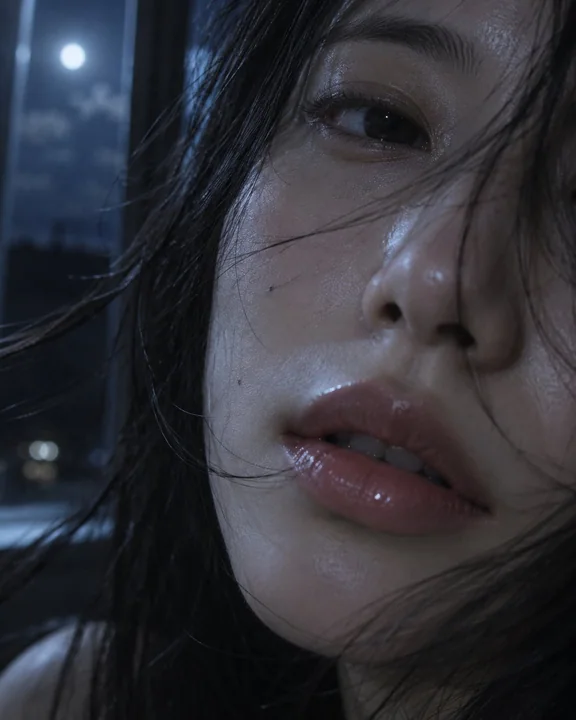 月夜窗边黑发日本女性侧脸特写