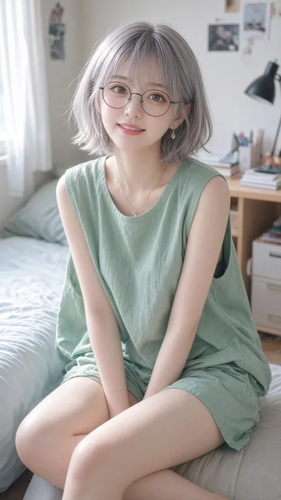 清新薄荷绿套装东亚少女学生卧室写真