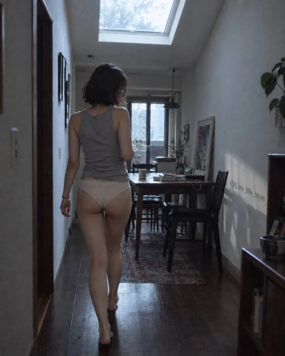 走廊中的女性居家生活感背影抓拍
