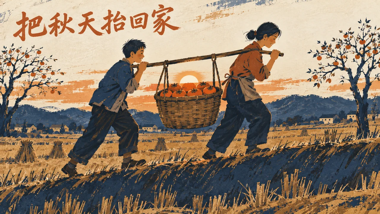 柿子满筐夕阳入箩的乡间诗意画