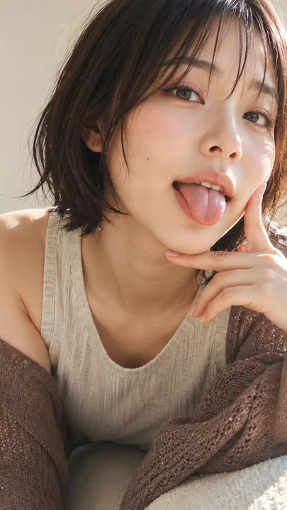 明亮客厅调皮吐舌日本女性近景肖像