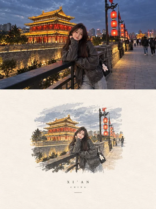 夜游古城墙的东亚女子人像