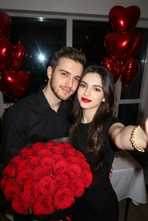 Un selfie doux d'un couple tenant des roses rouges dans la nuit.