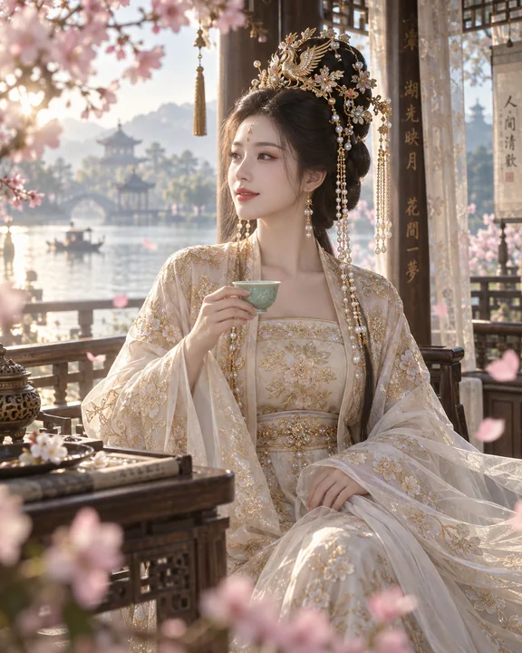 A beauty in a hanfu adorned with begonia patterns and a golden phoenix crown, bathed in the golden light of the morning sun