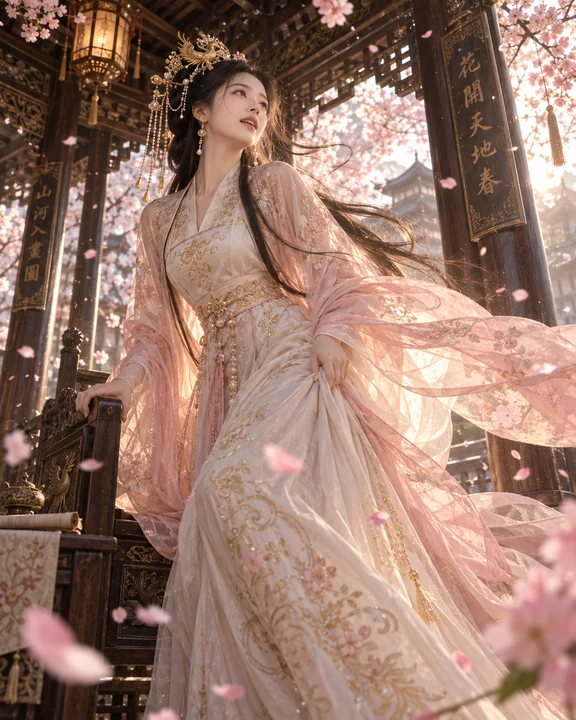 桜吹雪の中、金糸の漢服をまとった、見事な古風な美女