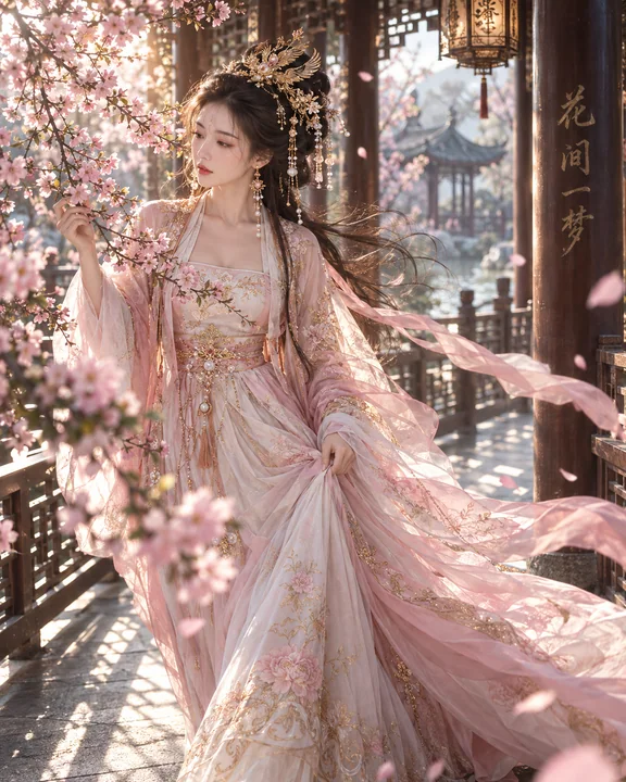 庭院春深:金丝汉服女子步入花间