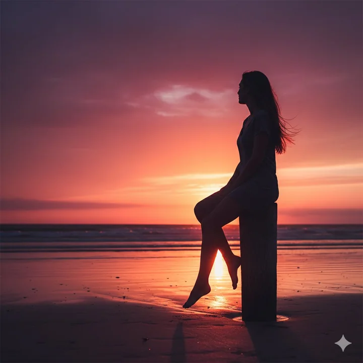 La silhouette poétique d'une femme au bord de la mer sous un sublime coucher de soleil.