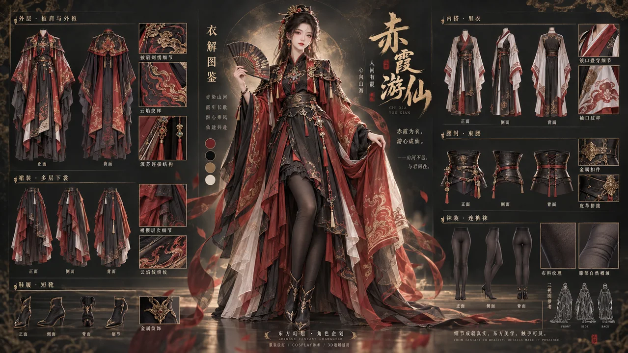 赤霞游仙:华丽仙侠角色设定与服装拆解海报