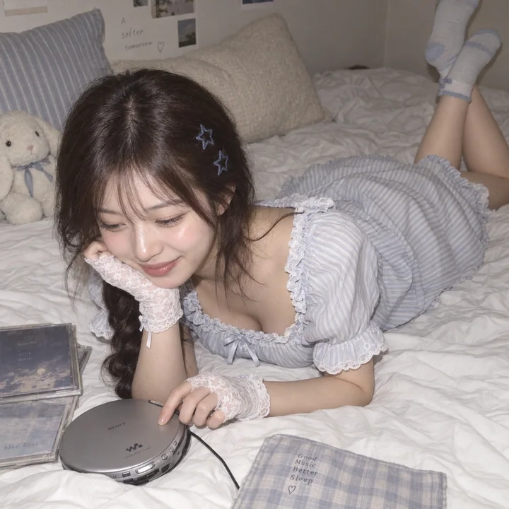 Sweet Japanese-style bedroom photoshoot with a CCD flash, capturing a girlish vibe