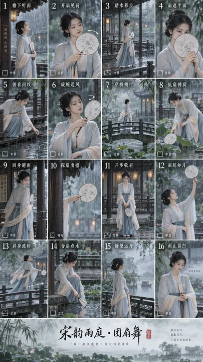宋韵雨庭团扇舞：清雅园林中的雨中叙事分镜