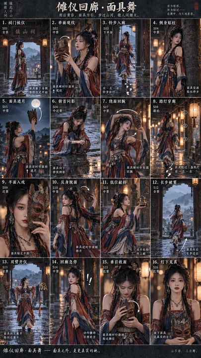 西南古祠雨后黄昏傩仪面具舞分镜海报