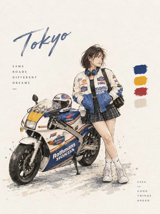 复古东京机车少女时尚海报插画