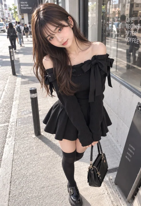 日系咖啡厅街拍黑裙女性写真提示词