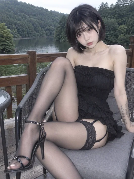 露台短发黑裙少女写实摄影