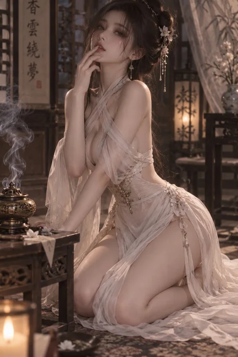 交叉薄纱露肩高开衩长裙跪坐焚香