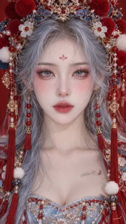 东方神女戏曲点翠红蓝华服肖像
