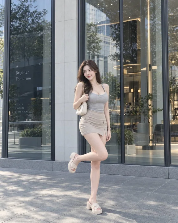 街景中现代建筑前的东亚少女全身像