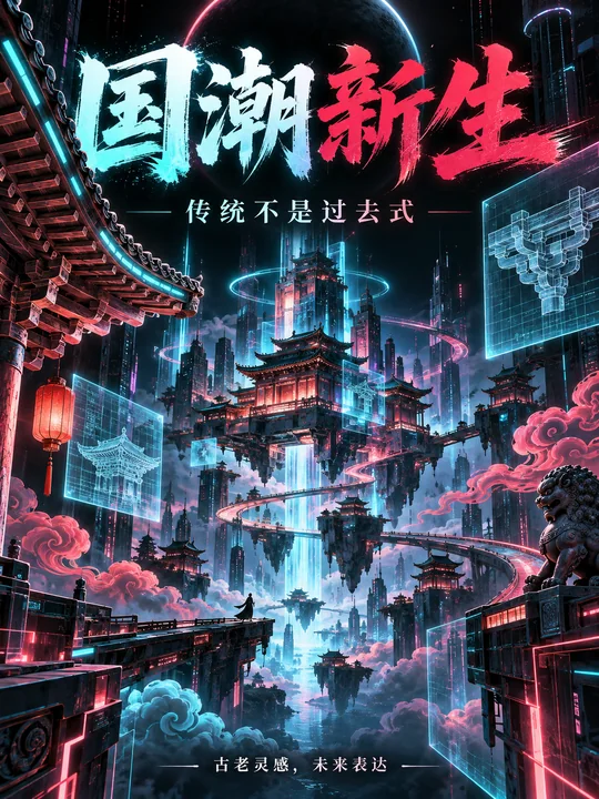 赛博国潮新生:古老榫卯与数字网格的未来海报